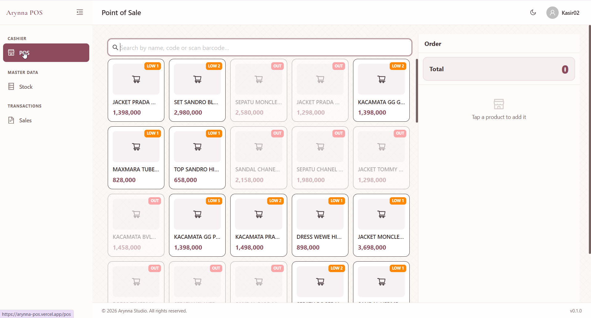 Arynna POS dashboard